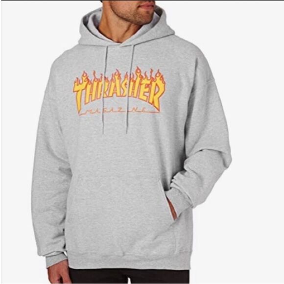 Thrasher Magazine Fire Logo Gray Front Pocket Hooded Sweatshirt - S (34-36)‎ - Picture 1 of 12